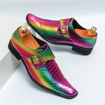 Мода Новая Красочная Свадебная Обувь Мужчины Квадратный Носок Яркий Мужской Дизайнер Кожаная Обувь Слипоны Металл Социальная Обувь Мужчина Большой Размер 46