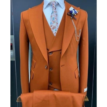Мода Темно-оранжевые мужские костюмы Slim Fit Формальный деловой смокинг Джентльмены Свадебные костюмы жениха Набор из 3 шт. (блейзер + брюки + жилет)