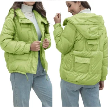 Модная хлопковая куртка Женская зимняя толстая задняя карманная куртка Пальто с капюшоном Яркий цветной хлебный пиджак