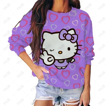 Модный дизайн Пуловеры Женщины Hello Kitty Принт O-образный вырез Топы Повседневная свободная футболка с длинным рукавом Пуловер в корейском стиле Весна Autum