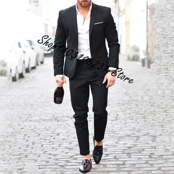 Мужская деловая мода Высокое качество Джентльмен Черный 2 шт. Костюм Пиджаки Пальто Куртка Брюки Классические брюки Костюм Homme