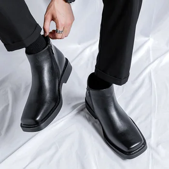  мужчины мода челси сапоги бренд дизайнер обувь с квадратным носком ковбой оригинальный кожаный ботинок вечеринка выпускное платье стильный лодыжка ботас мужской