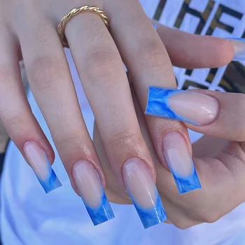 Надавить на ногти Средний и длинный Носимый маникюр Кусок Синий Смазанный Морской Французский Край Накладные Ногти Полное Покрытие Гроб Накладные Ногти