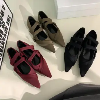 Новая мода Атласные Неглубокие Балетки Обувь Женщины 2024 Остроконечный Носок Мэри Джейн Обувь Женские Ретро Повседневные Лоферы Ремешок Zapatos Mujer