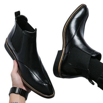 Новые черные мужские ботинки челси Модные формальные сапоги ручной работы Деловая обувь с квадратным носком Мужские сапоги