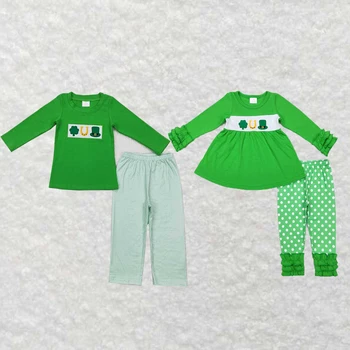 оптовая горячая распродажа одежда для мальчиков и девочек вышитое четырехлистное кружево клевера зеленый с длинными рукавами брюки в горошек костюм
