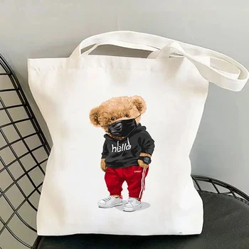 Плюшевый мишка Холщовая сумка-тоут Многоразовая сумка для шоппинга Эко Симпатичная повседневная модная сумка с принтом School Style Сумка большой емкости