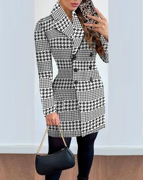 Повседневное пальто с принтом Женское пальто на пуговицах Отложной воротник Блейзер с длинным рукавом Офисное пальто Lardy
