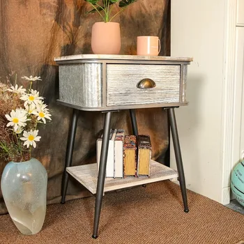 Прикроватная тумбочка Hoeneo Торцевой столик с ящиком для хранения и полкой, маленький приставной столик, прочный и прочный Легкая сборка Серый 18