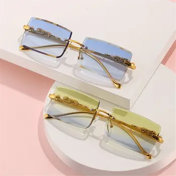 Прямоугольные солнцезащитные очки без оправы, винтажные красочные металлические очки Cheetah Decor UV400, Y2K Shades для женщин и мужчин