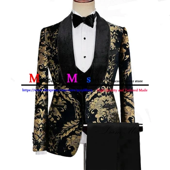 Реальные фотографии Золотые жаккардовые мужские костюмы Сшитый на заказ черный свадебный костюм жениха Смокинг 3 шт. (куртка + жилет + брюки) Приталенный мужской костюм