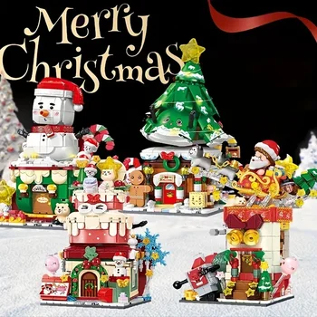 Рождественские качели Street View Series Строительные блоки Снеговик Сани Кекс Сборка модели Кирпичи Детские игрушки Праздничные подарки