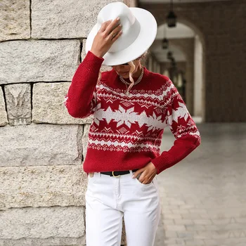 Рождественские свитера Женский трикотажный пуловер с круглым вырезом 2024 Новый осенне-зимний повседневный модный свободный джемпер с длинным рукавом