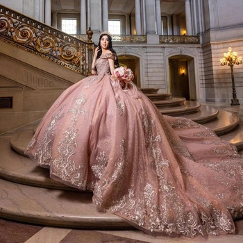 Розовая принцесса Quinceanera Платья Бальное платье с открытыми плечами Аппликации Кружево Сладкие 16 Платья 15 Años Мексиканский