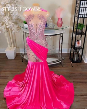 Розовое прозрачное длинное выпускное платье с о-образным вырезом для черных девушек бисероплетенные хрустальные бриллиантовые платья на день рождения плиссировки вечернее платье русалка