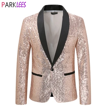 Розовый блестящий смокинг блейзер пиджак мужской бренд одна пуговица шаль воротник блестящие блейзеры свадебная вечеринка satge одежда для певцов