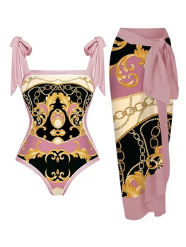 Розовый винтажный принт Подвернутая талия Цельный кусок на шнуровке Дизайн Мода Удобный тонкий купальник Бикини и накидка 2023 Женщины