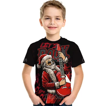 Рок-н-ролл Рождественский Санта-Клаус Muics Печатные футболки для мальчиков и девочек Летние хлопковые футболки с коротким рукавом с о-образным вырезом и коротким рукавом