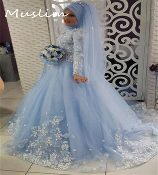 Роскошное синее мусульманское свадебное платье Исламское бальное платье Walima Длинный рукав Цветочное свадебное платье 2024 Ближний Восток Арабский Готическая невеста
