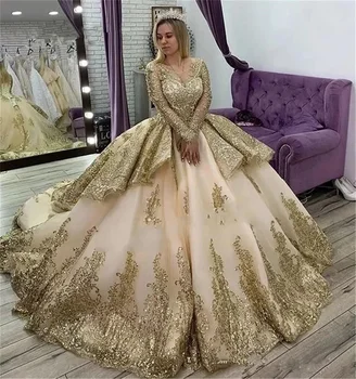 Роскошные бальные платья с длинными рукавами Платья Quinceanera 2024 Золотые аппликации Vestido De 15 Anos Princess Britdayday Party