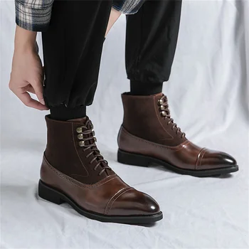  Совершенно новые мужские короткие сапоги Мода на шнуровке с круглым носком Повседневные деловые ботильоны Обувь для мужчин Вечеринка Свадьба Мужские сапоги