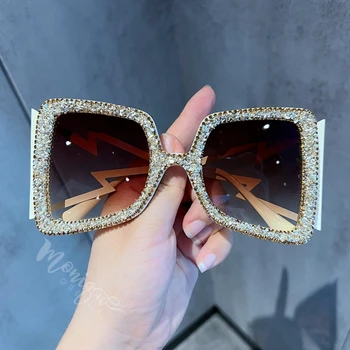 солнцезащитные очки для женщин 2022 Большой Широкий Храм Bling Stones Винтажный бренд Очки Модные Оттенки UV400 Oculos