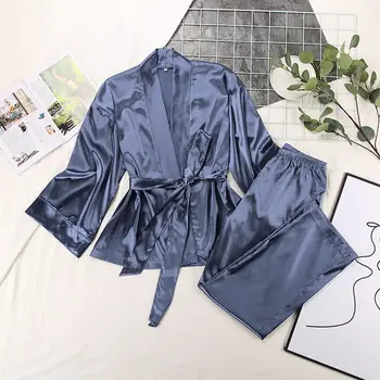  Стиль кимоно 2023 Женский комплект Пижама с поясом Атлас 2 шт. Костюм Мягкая свободная пижама Пижамы Пижамы Женская домашняя одежда