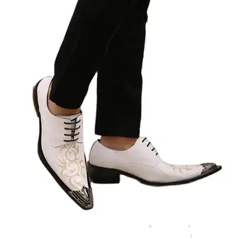  Увеличение высоты белого цвета Мужская обувь из натуральной кожи Свадебная обувь на высоком каблуке Роскошный металлический дизайн с заостренным носком Досуг Вечеринка Платье Обувь