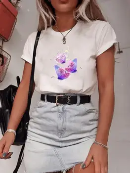  футболки Мода Лето С коротким рукавом T Top Print Женская мультяшная рубашка Женская одежда Бабочка 90-х Lovely Graphic Tee