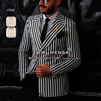  черный белый полосатый мужской костюм пальто + брюки 2 шт. мужская мода двубортный блейзер набор формальный банкет выпускной вечер платье 2024