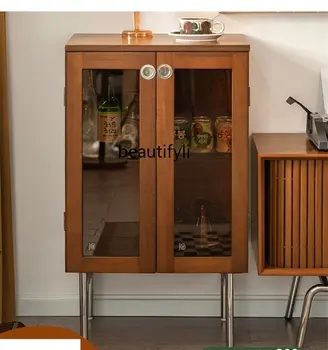  Шкафчик для хранения в гостиной Настенный шкаф Двухдверный Ретро Многофункциональный Бытовой Массив Деревянная Стеклянная Дверь