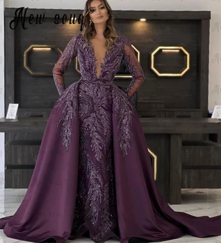 Элегантное фиолетовое вечернее платье с глубоким вырезом и съемным шлейфом 2023 Роскошные кружевные бисерные женские свадебные платья больших размеров