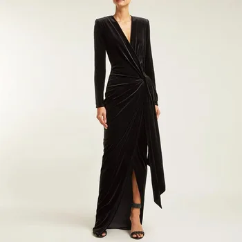Элегантное черное вечернее платье для вечеринок с длинными рукавами и V-образным вырезом до пола