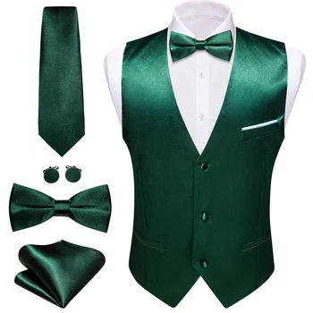 Элегантный шелковый жилет для мужчин Зеленый однотонный жилет Галстук-бабочка Набор свадебных деловых пиджаков без рукавов Мужской костюм Barry Wang